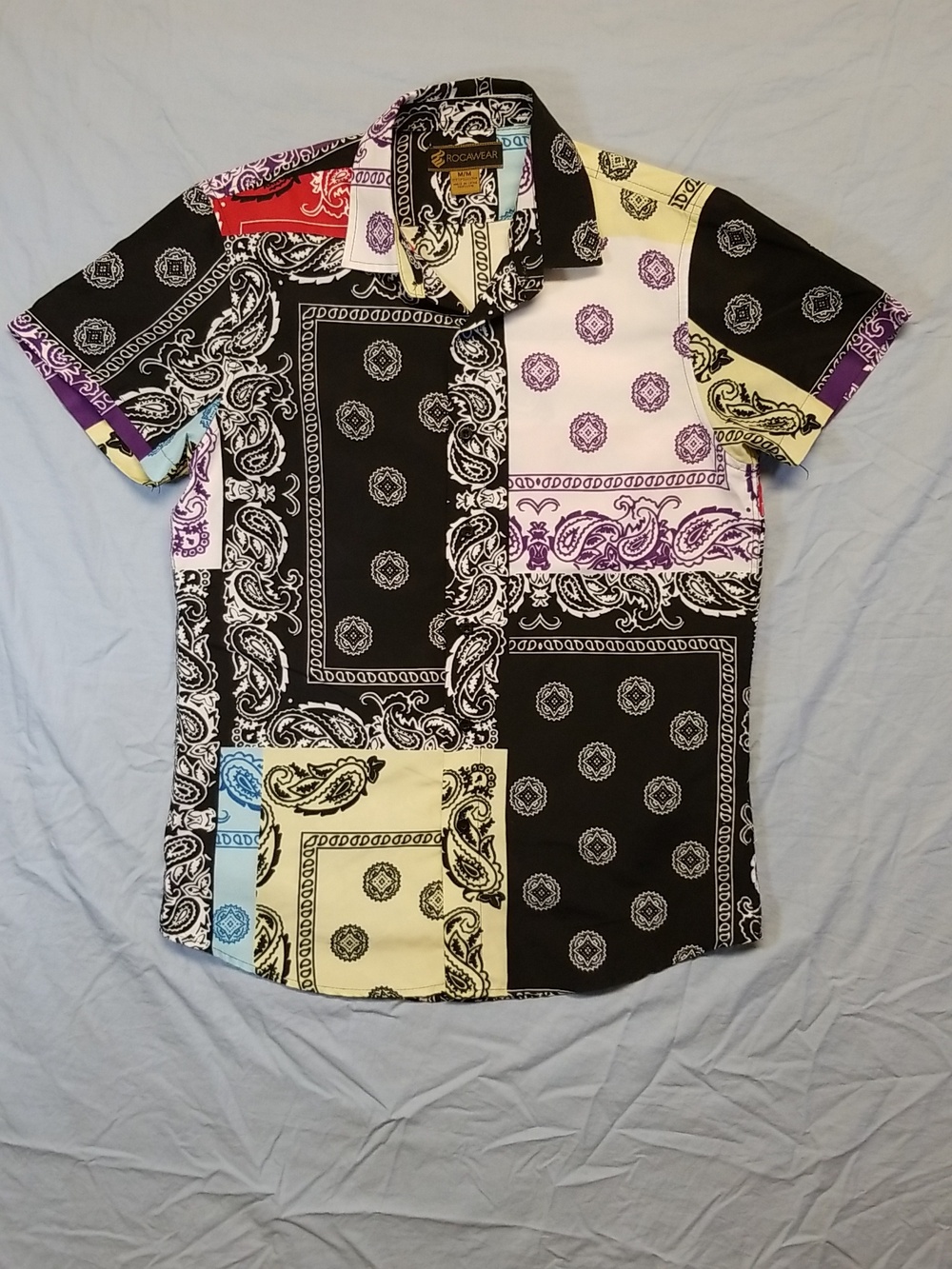Rocawear Multi Color Patchwork Bandana Print Button Down Short Sleeve Shirt Y2K
